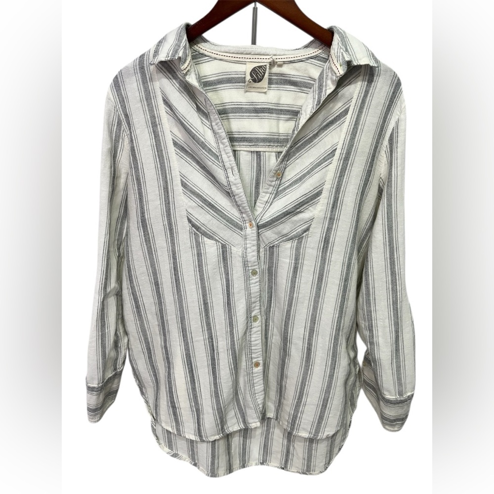 Anthropologie Striped Button Down Shirt 100% Cotton Oversized Fit Coastal Small